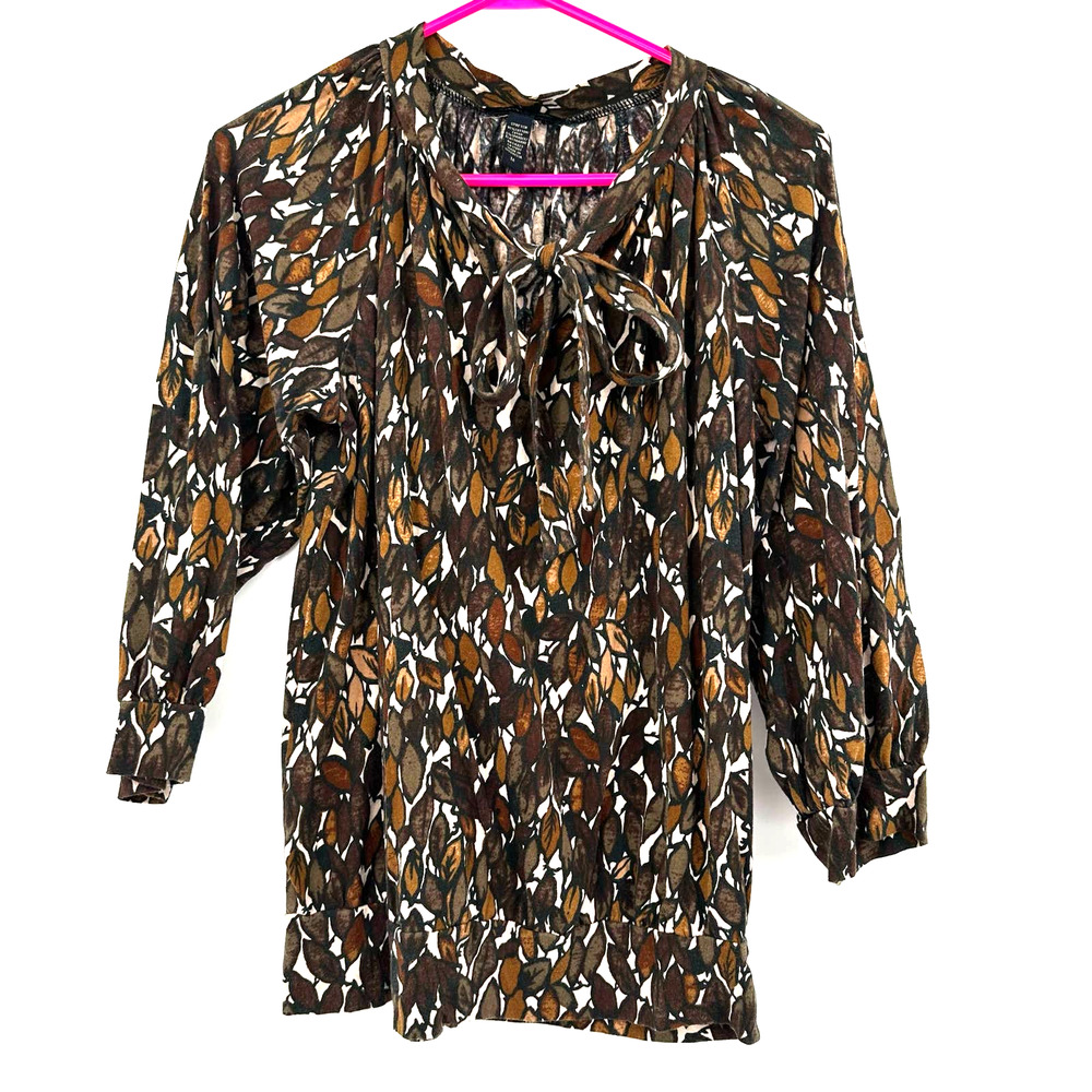 Banana Republic size Medium long sleeve brown blouse tie neck leaf print